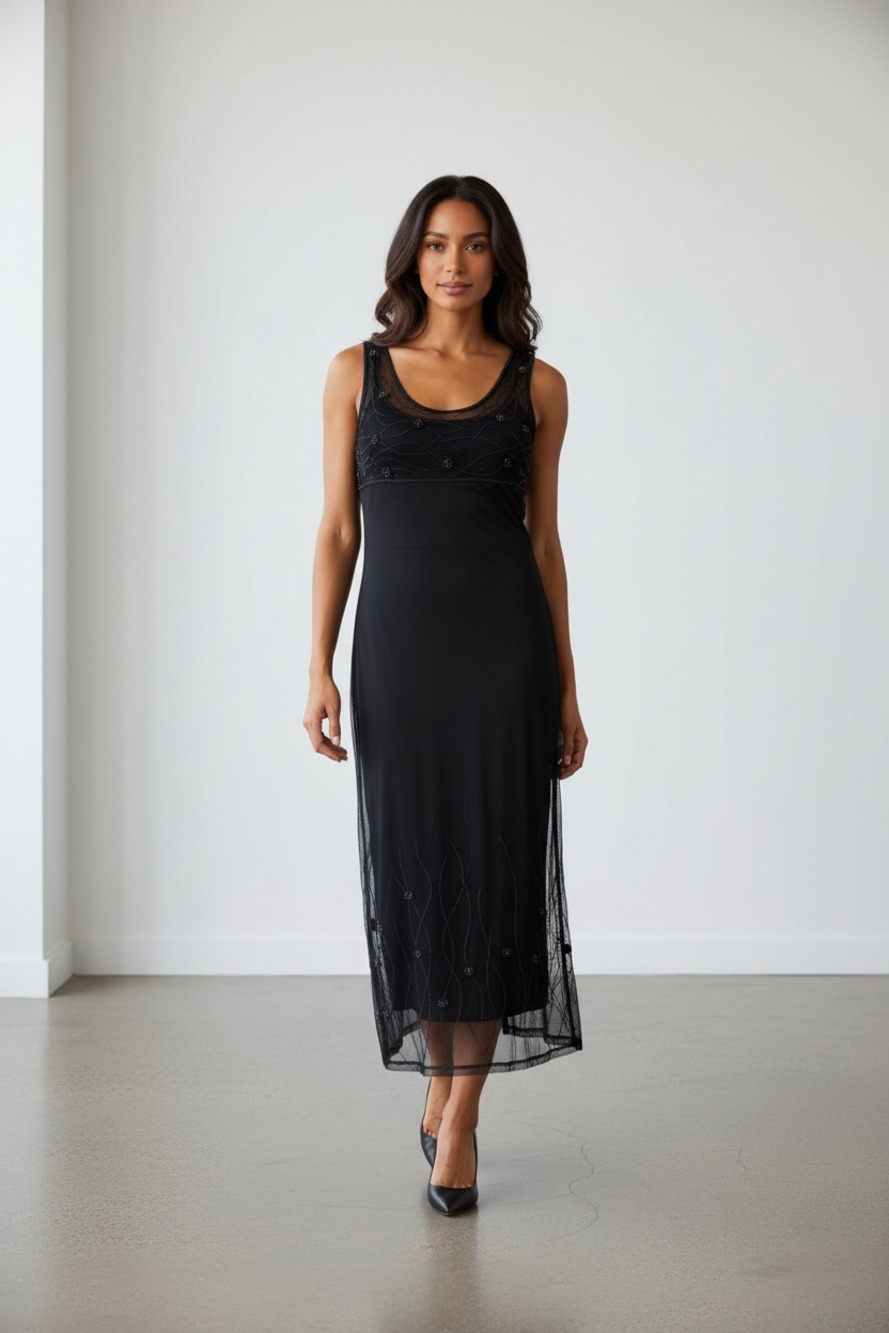 Cache Women's Black Sleeveless Midi Dress with Hand Beaded Overlay